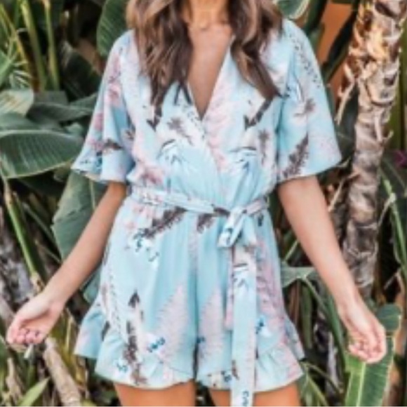 Pink Lily Blue Blush Pink and Blue Floral Romper with Wrap Top - Picture 7 of 9